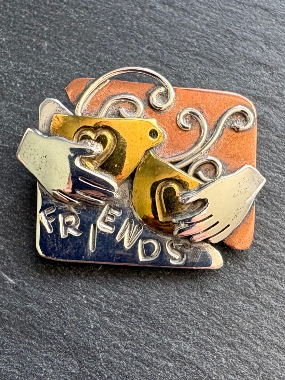 Vintage 90s Mixed Metal Friends Brooch Sterling Silver Coffee Cup Taxco Style